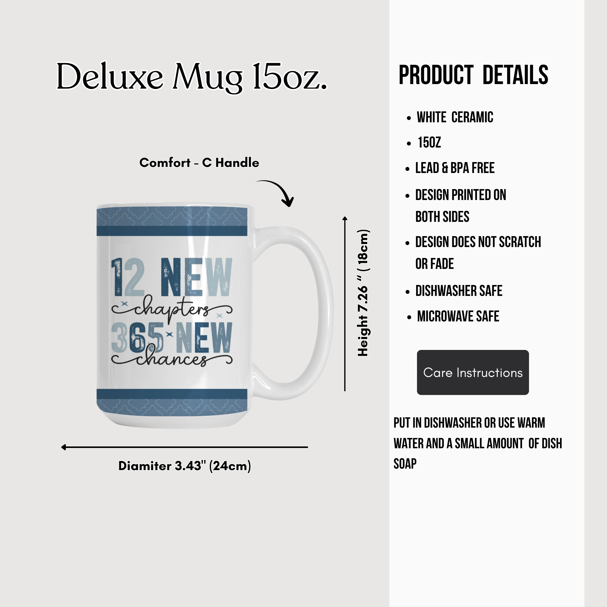 Deluxe mug with text design and product details on a white background