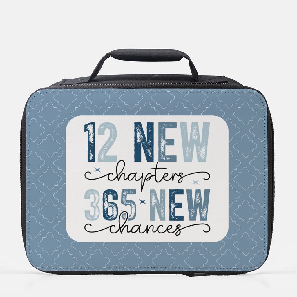 Blue patterned insulated lunch bag with motivational quote on a white background