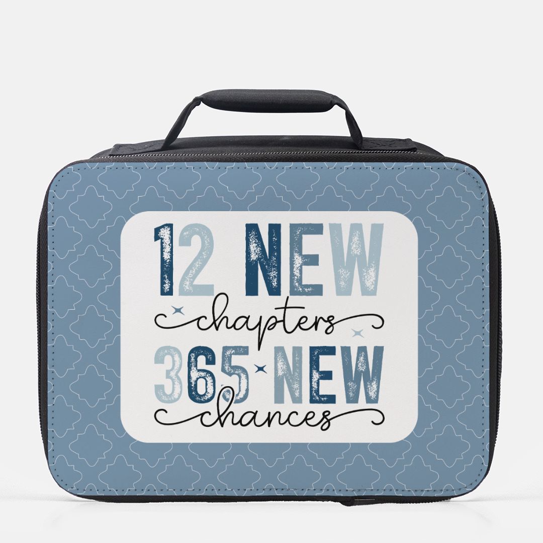 Blue patterned insulated lunch bag with motivational quote on a white background