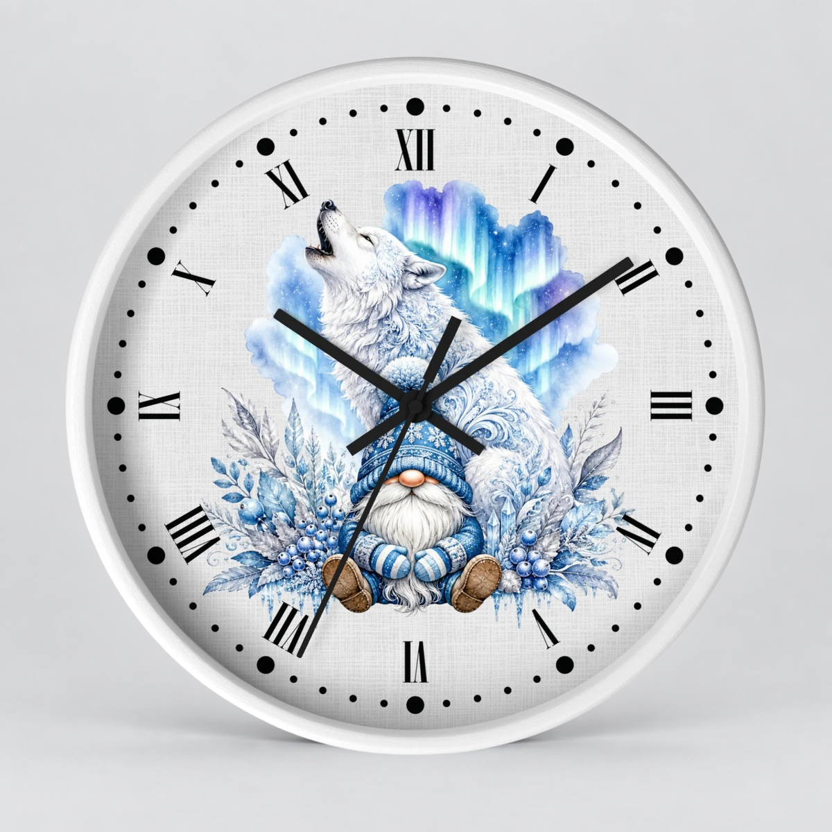 A round white wall clock with black Roman numerals and hands, featuring a printed illustration of a white wolf howling against a blue aurora background with a small blue-and-white gnome at the bottom.