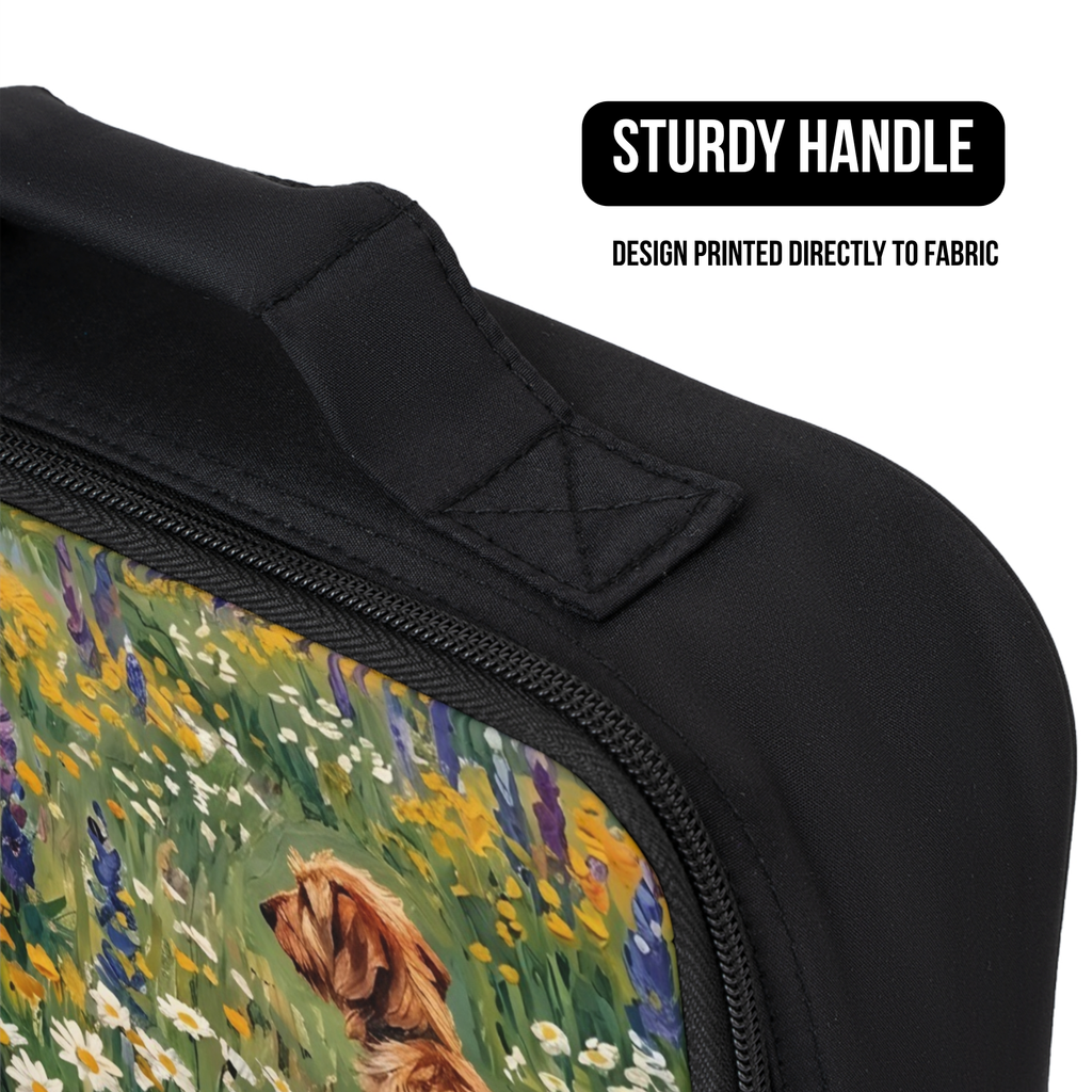 Black lunch bag with a design of a Norfolk terrier dog in a field of flowers, featuring a sturdy handle.