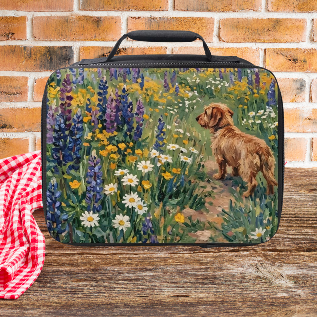 Rectangular lunch bag with a Norfolk terrier dog and floral design on a wooden picnic table and brick wall background