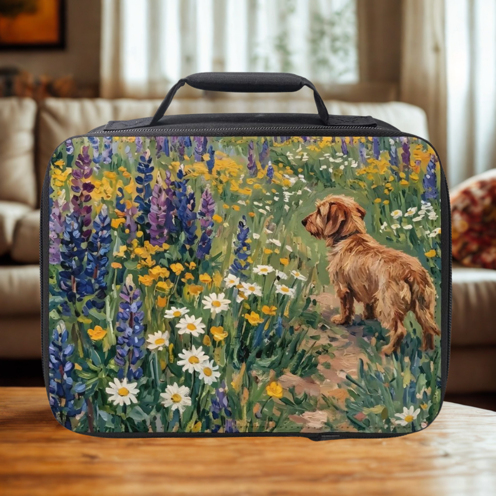Lunch bag with a Norfolk terrier dog and floral design on a wooden coffee table in a cozy living room.