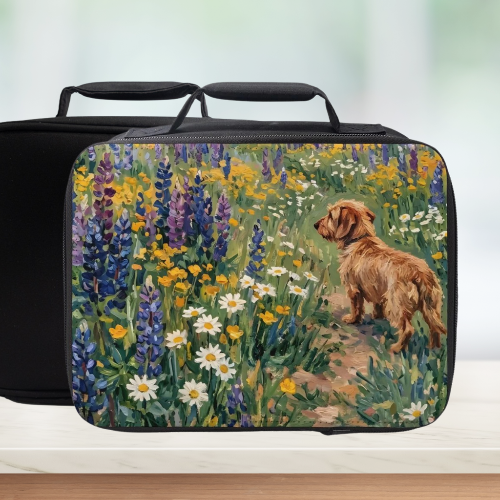 Lunch bag with a Norfolk terrier dog and flowers design on a white background