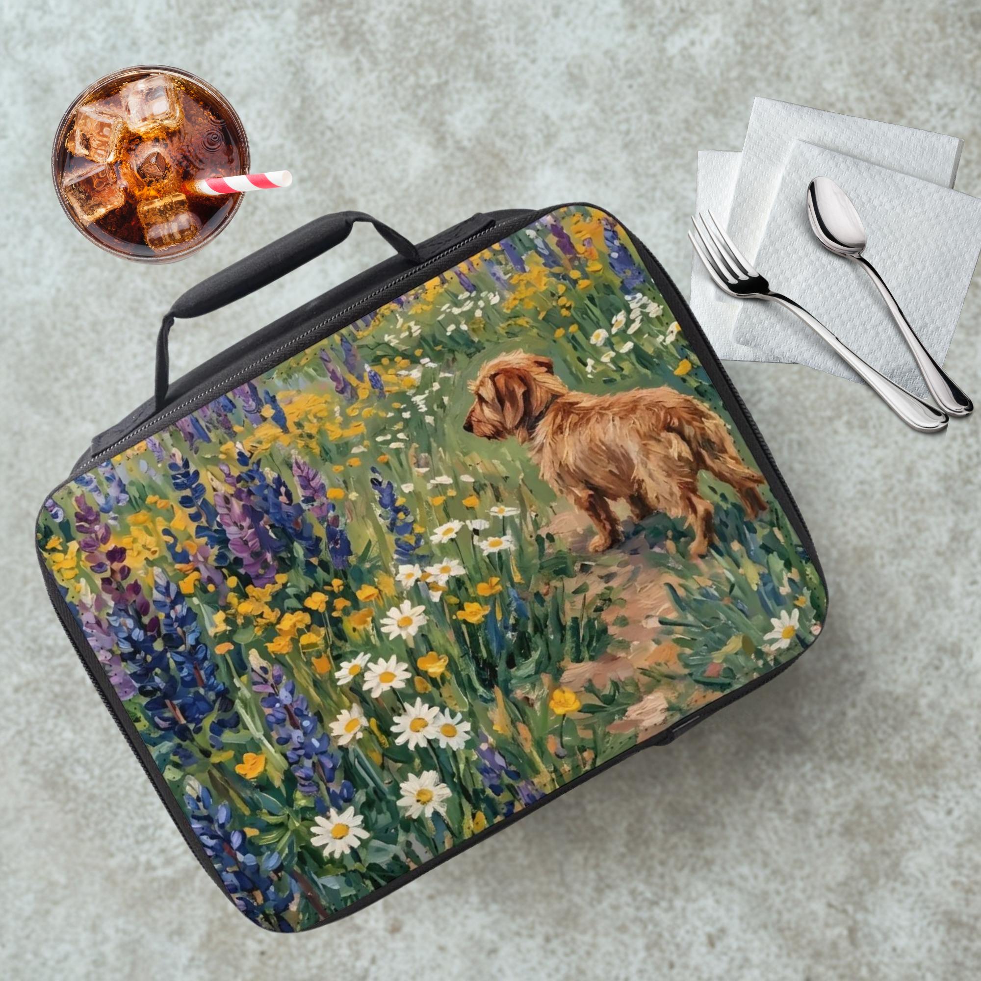 Lunch bag with a Norfolk terrier dog and wild flowers design on a table with a drink and utensils.