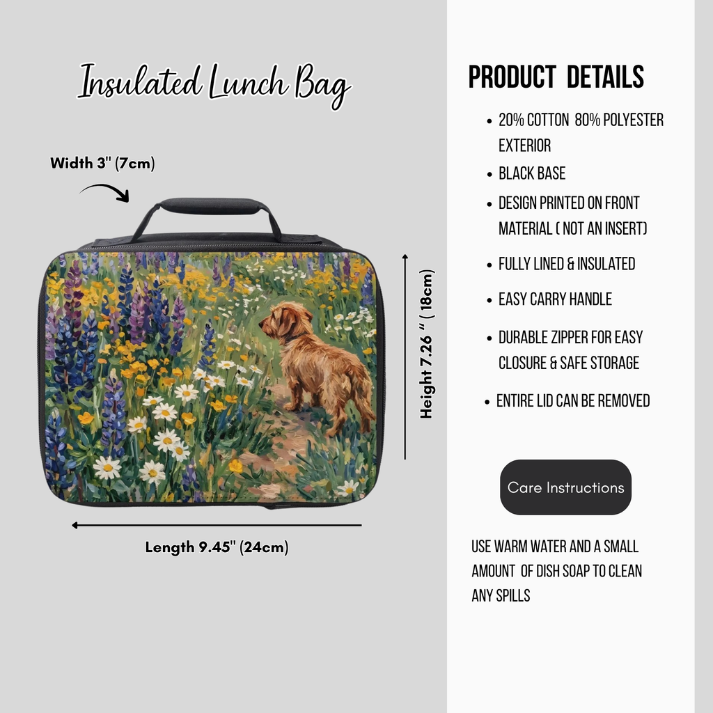 Insulated lunch bag with a dog and flowers design, featuring product details on a gray background.