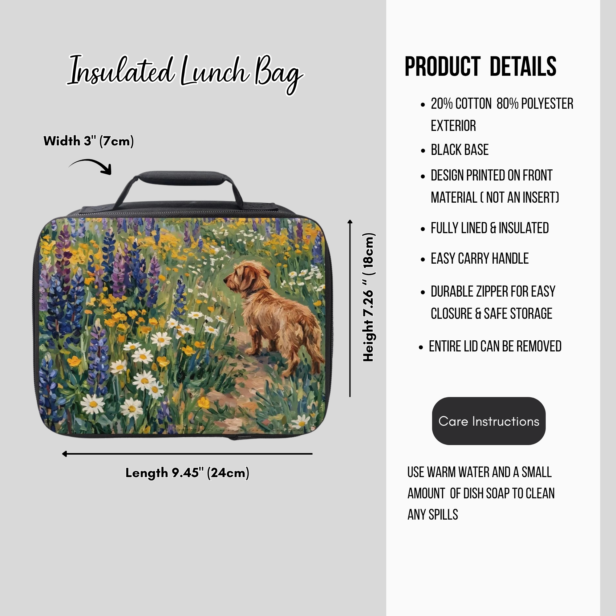 Insulated lunch bag with a dog and flowers design, featuring product details on a gray background.