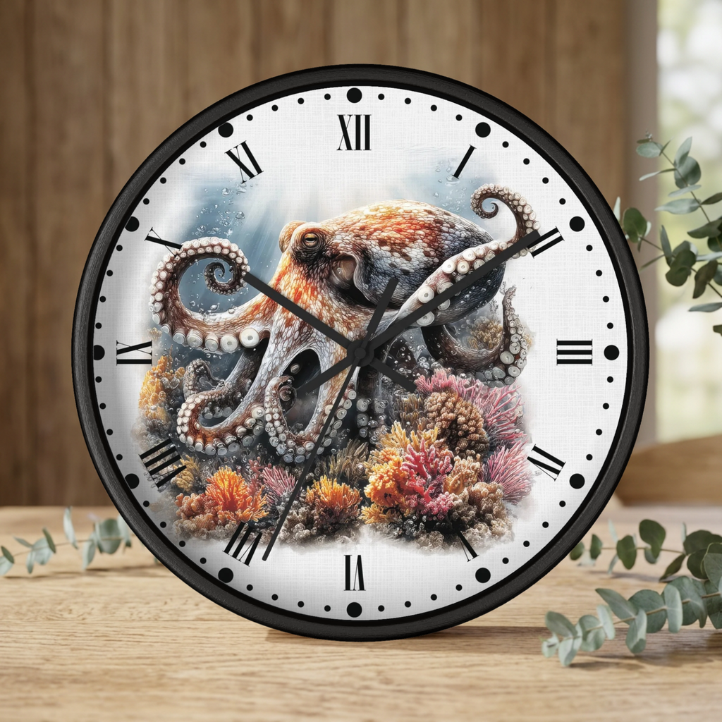 A round wall clock with a black frame and Roman numerals, featuring a printed octopus and coral reef design on the face, displayed on a wooden surface with eucalyptus leaves.