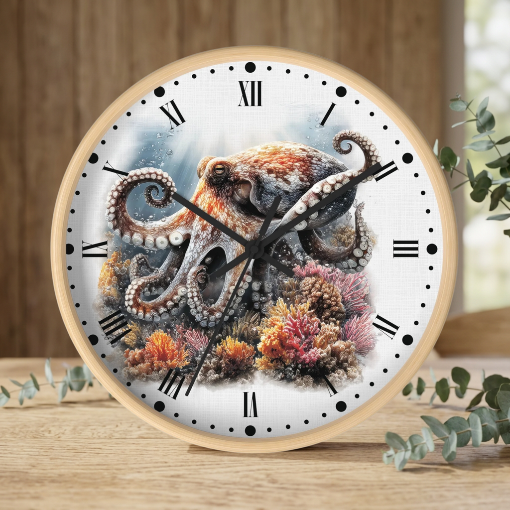 A round wall clock with a light wood frame and a white face featuring a detailed illustration of an octopus over colorful coral. The clock is styled on a wooden surface with eucalyptus leaves and a blurred wooden background.