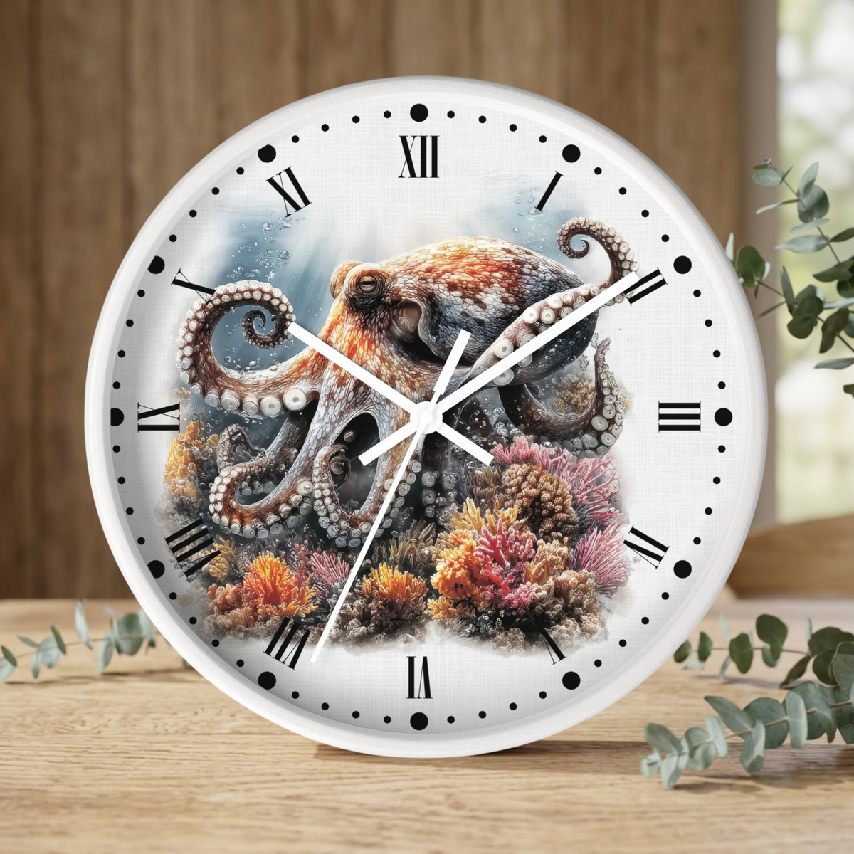 A round white wall clock with a detailed octopus and coral reef illustration on the face, styled on a wooden surface with eucalyptus leaves in the background.