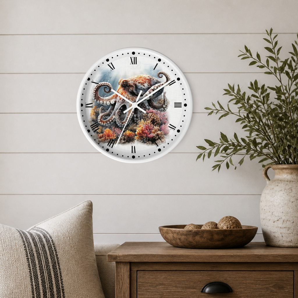 A round wall clock with a white frame and a detailed octopus illustration, hanging on a light wood paneled wall above a wooden side table with a plant and decorative items.
