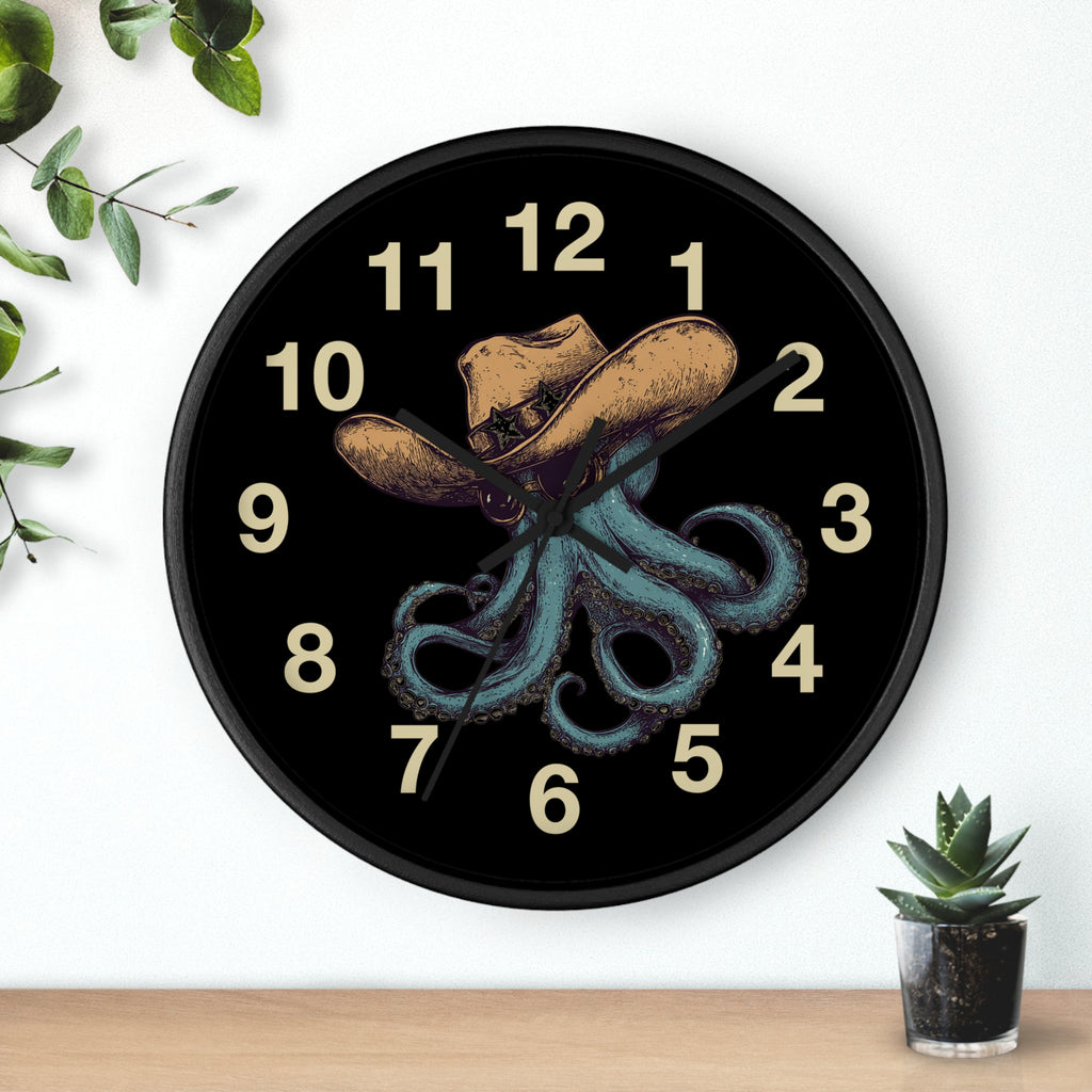 Black Wall clock with black hands and a design of an octopus wearing a cowboy hat and sun glasses on a black background.