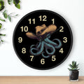 Black Wall clock with black hands and a design of an octopus wearing a cowboy hat and sun glasses on a black background.