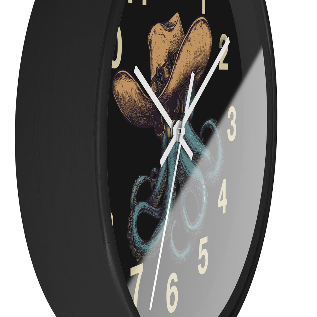 Wall clock with cowboy octopus wearing a cowboy hat and sunglasses design on a black background