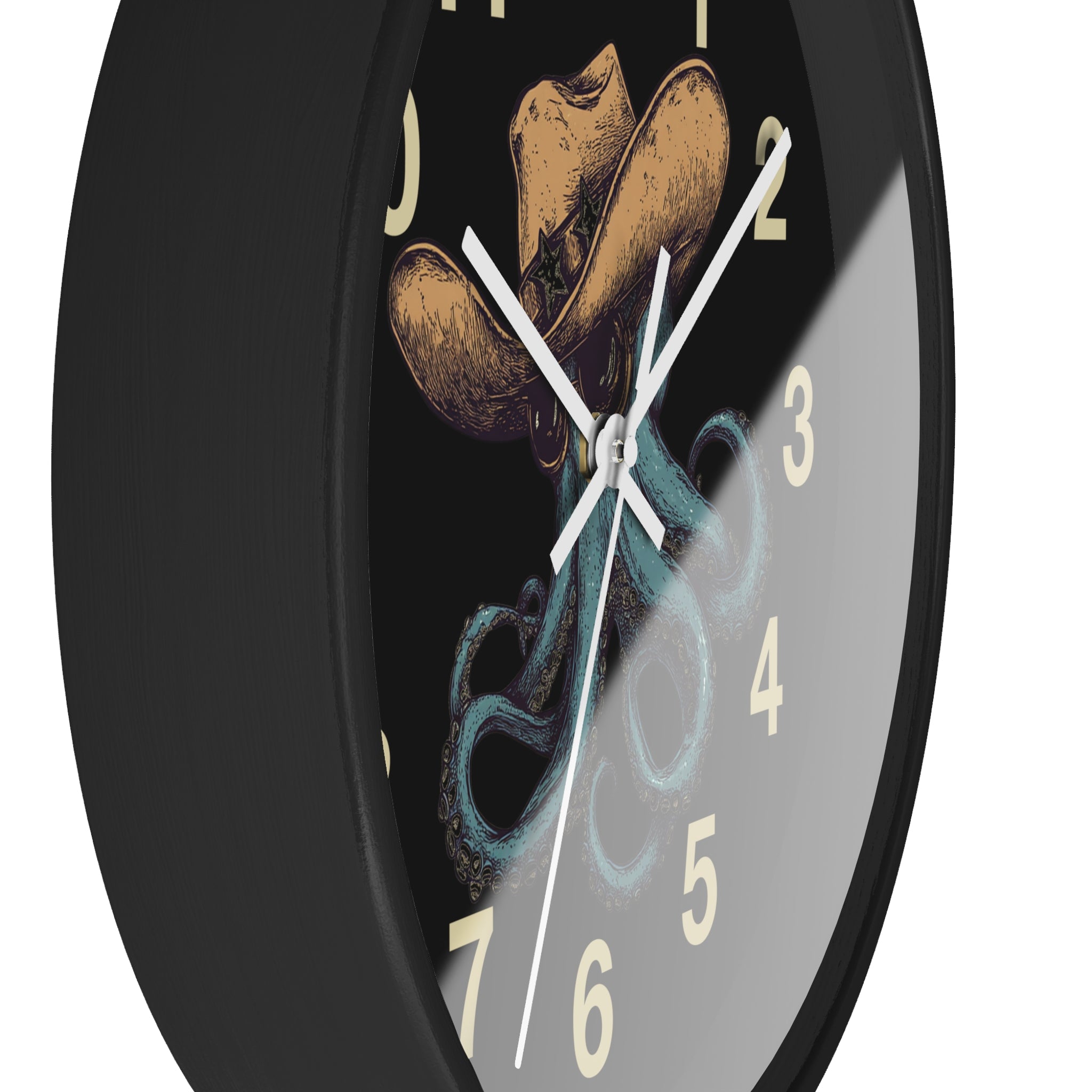 Wall clock with cowboy octopus wearing a cowboy hat and sunglasses design on a black background