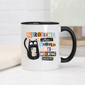 11oz black accent mug with a cat holding a cellphone and humorous text.