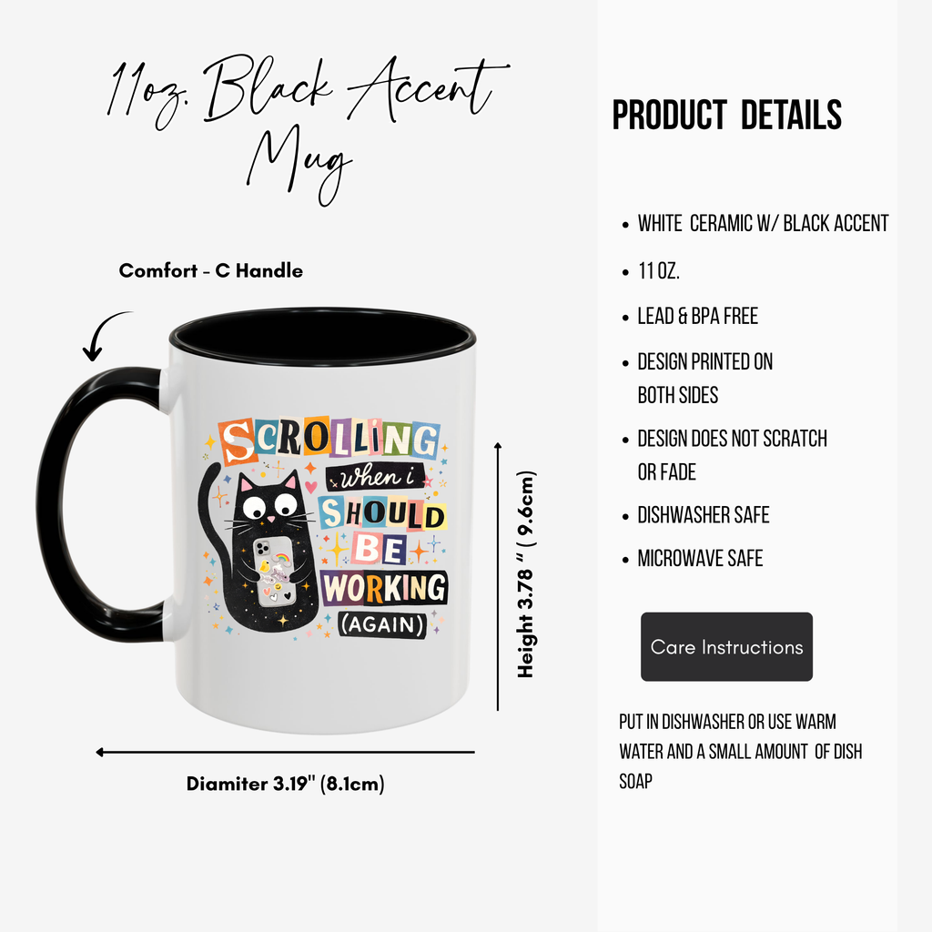 Office Cat Coffee Mug - Scrolling Instead of Working Black Accent 11/15oz