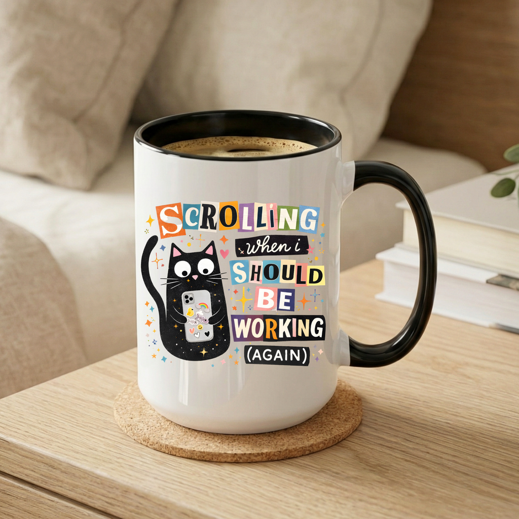 Office Cat Coffee Mug - Scrolling Instead of Working Black Accent 11/15oz