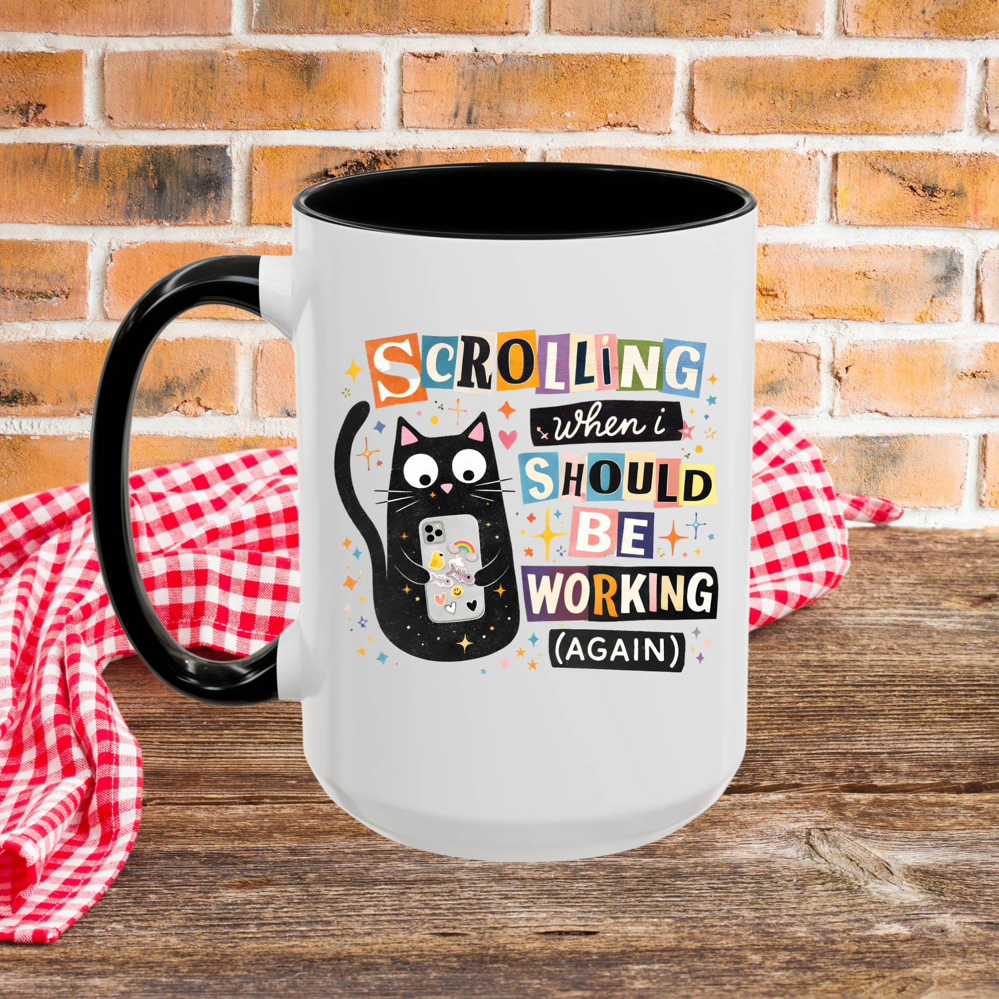 Office Cat Coffee Mug - Scrolling Instead of Working Black Accent 11/15oz