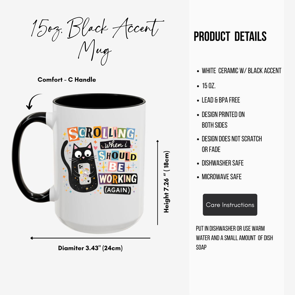 Office Cat Coffee Mug - Scrolling Instead of Working Black Accent 11/15oz