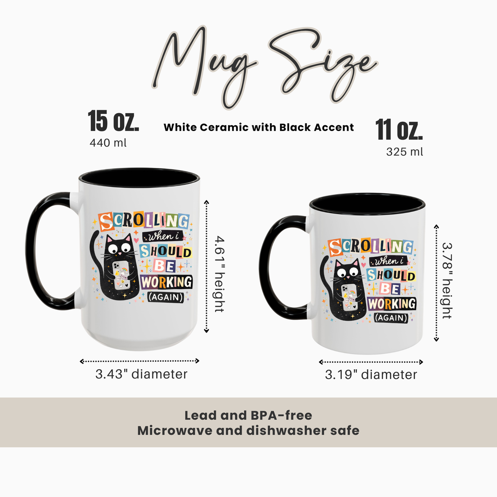 15oz and 11oz black accent mugs with size comparison info.
