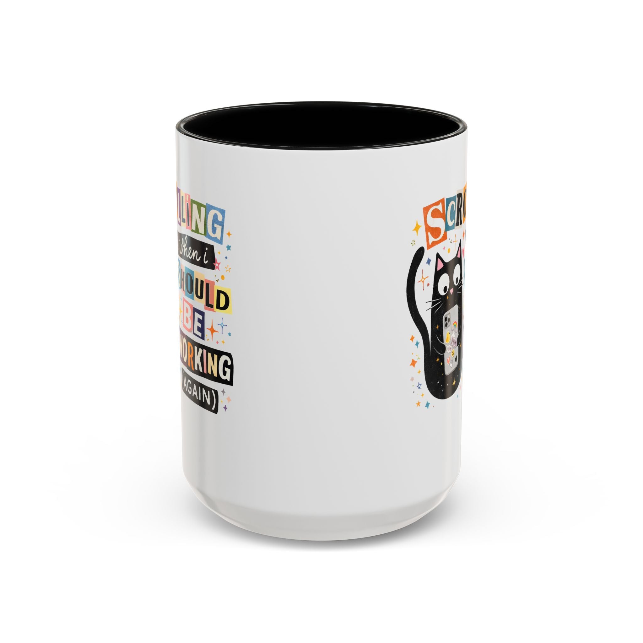 White mug with black interior, colorful text, and a cat illustration on a white background