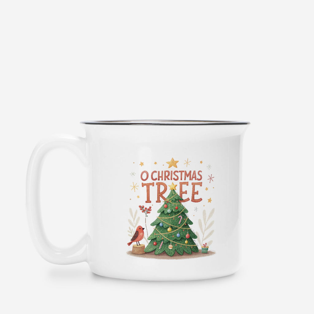 White mug with Christmas design featuring a tree and text on a white background