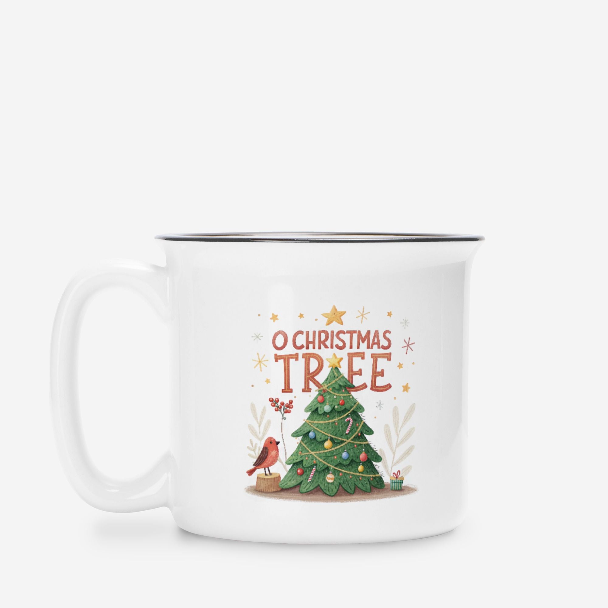 White mug with Christmas design featuring a tree and text on a white background