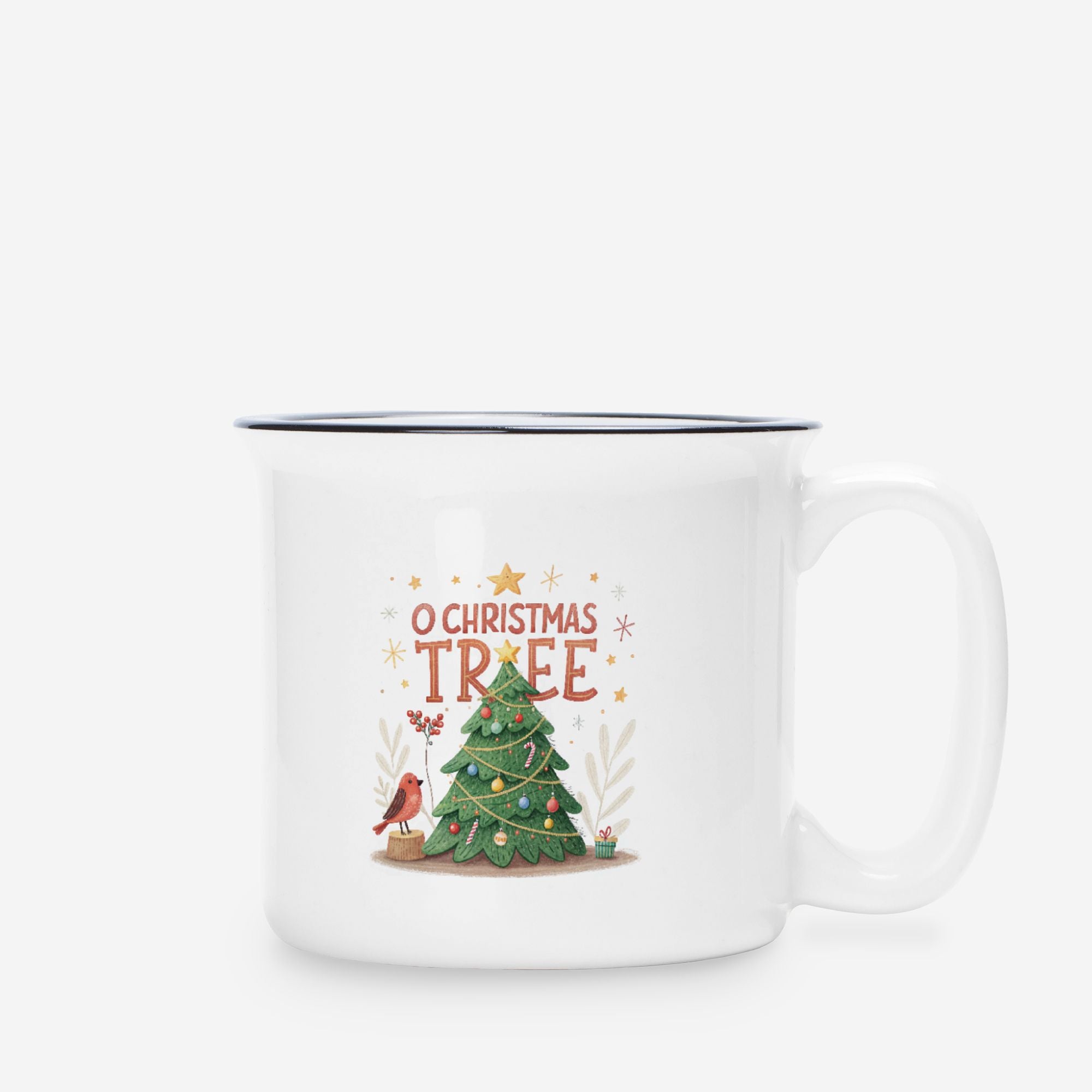 White mug with Christmas tree design and text on a white background
