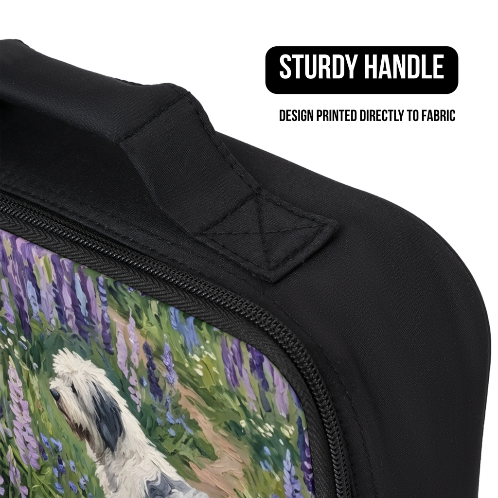 Close up of a black lunch bag with a dog and lavender flower design, featuring a sturdy handle.