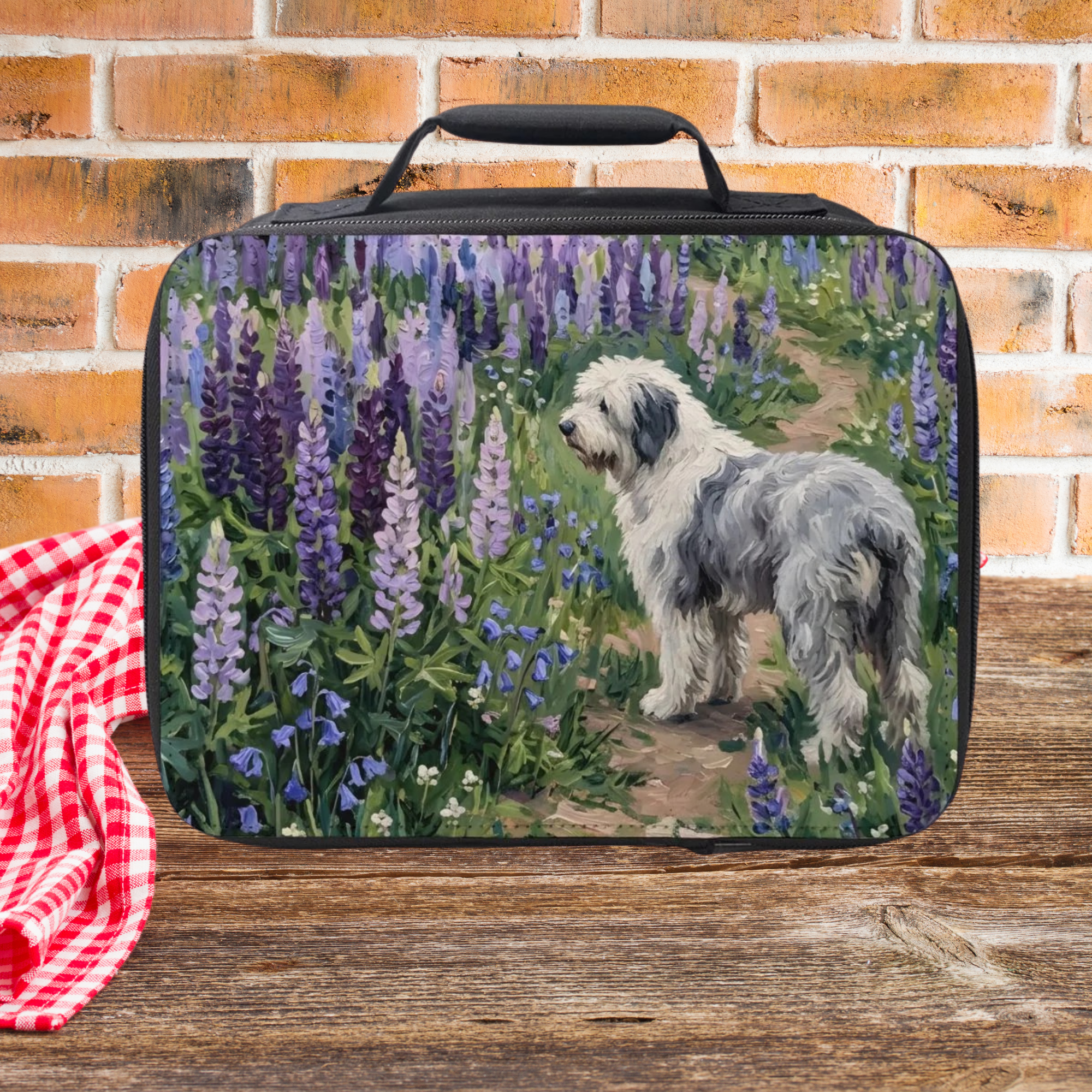 Lunch bag with an old English sheepdog and lupin flowers design on a wooden picnic table with a brick wall background.