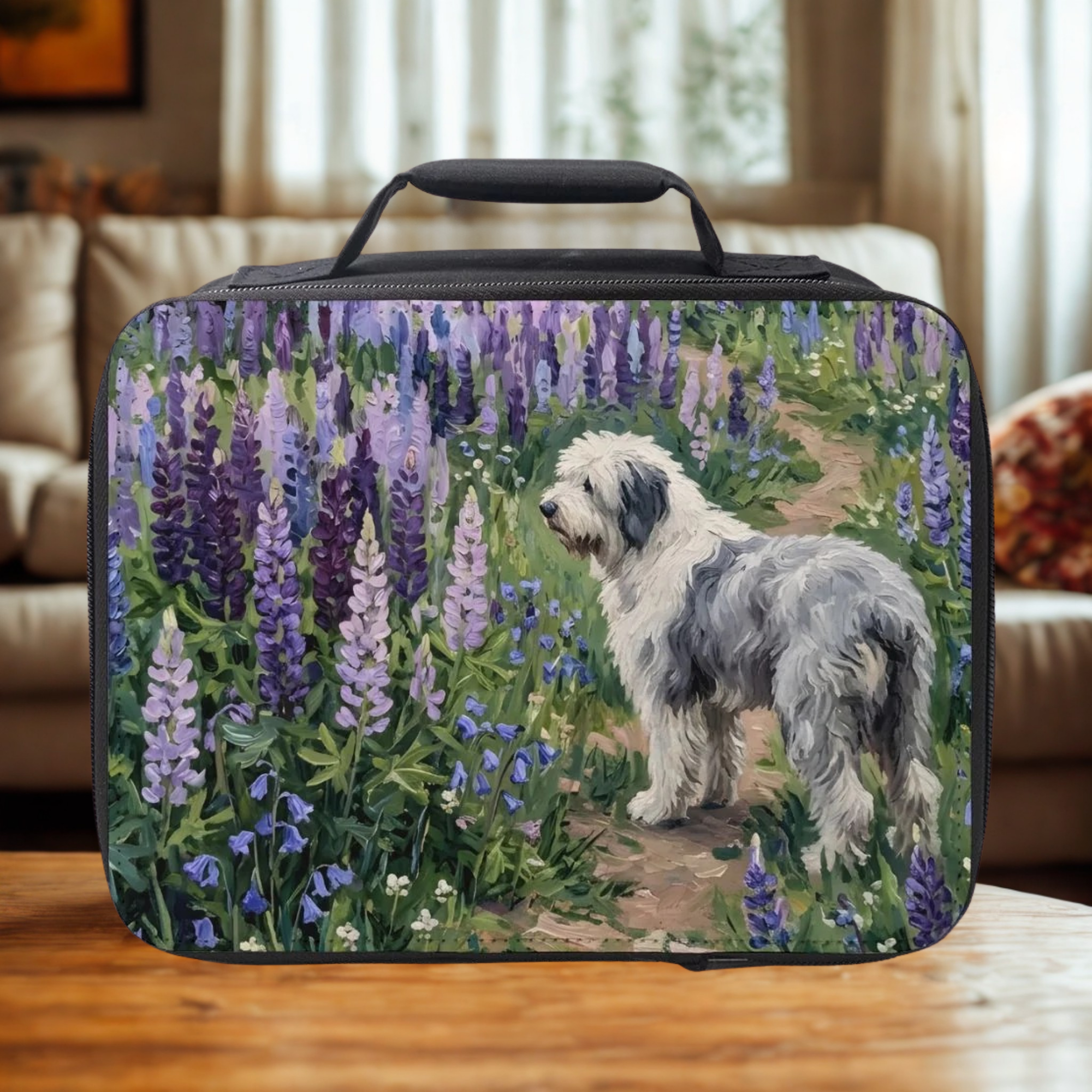 Lunch bag with a dog and lupin flowers design on a wooden table in a cozy living room.