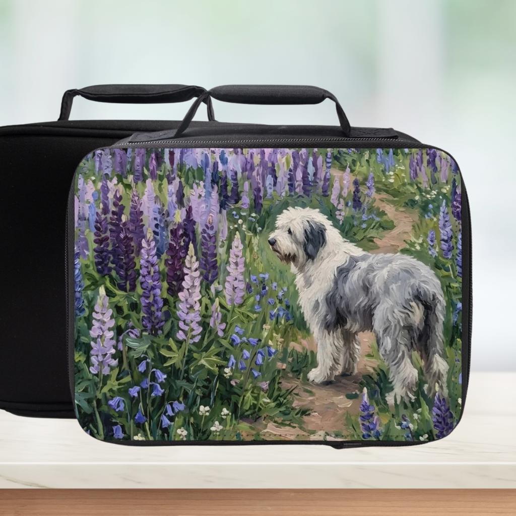 Black lunch bag with an Old English Sheepdog and flowers painting design on a white background