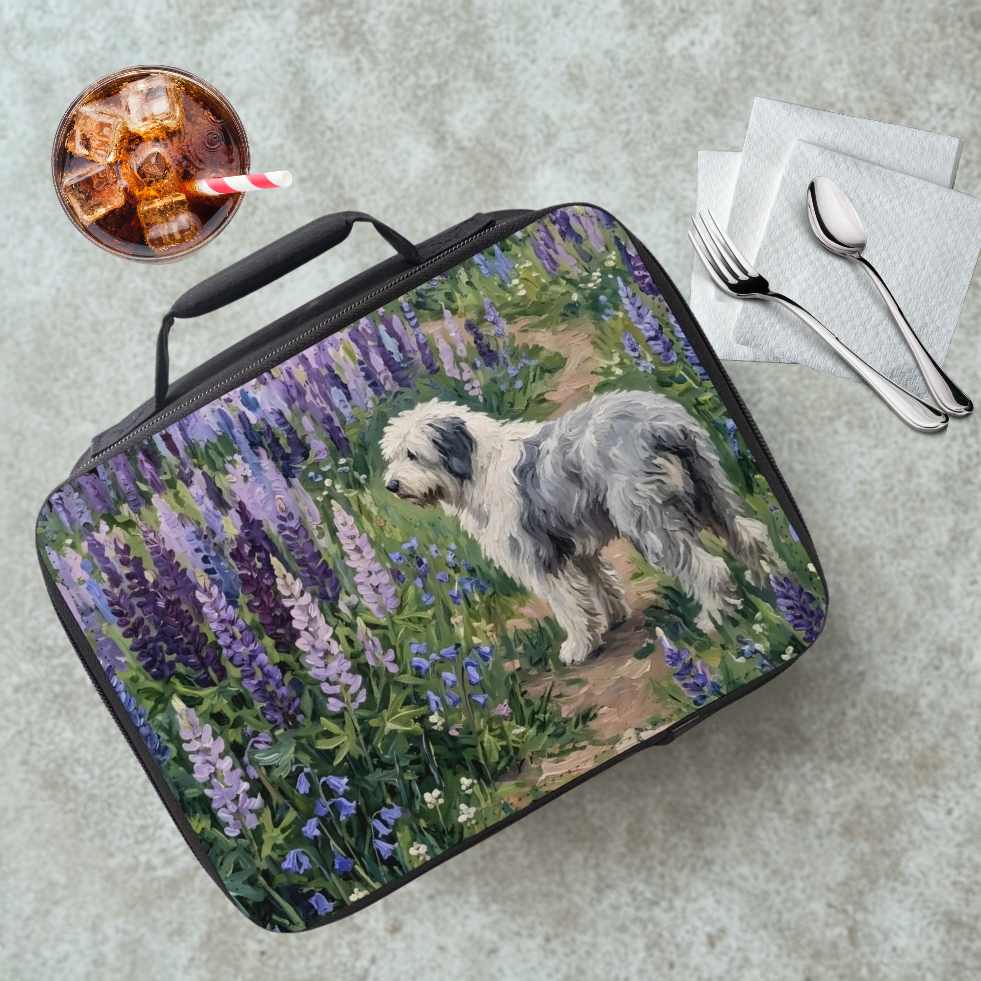 Lunch bag with a dog and flowers design on a table with a drink and utensils.