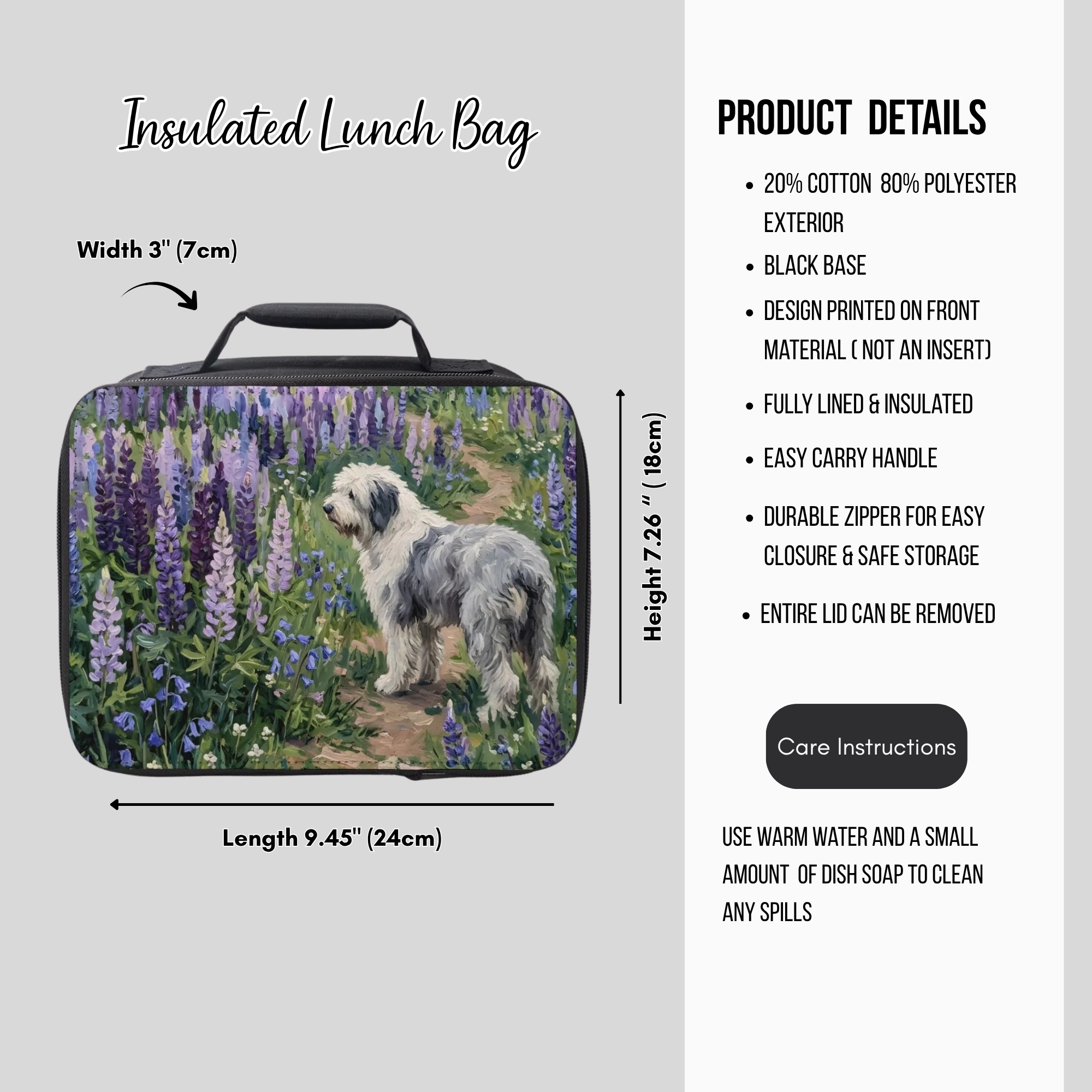 Insulated lunch bag with a dog and lupin design, featuring product details on a gray background.
