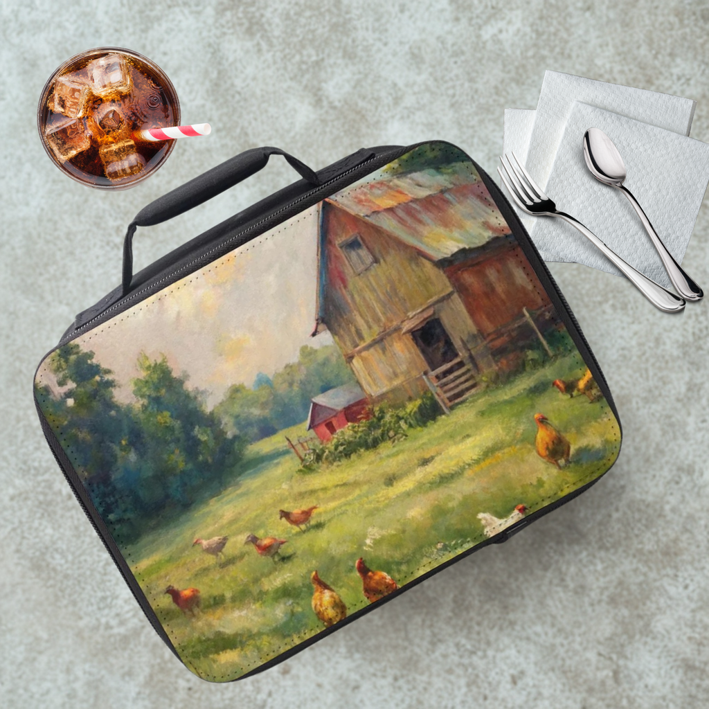 Lunch bag with a farm scene design featuring chickens and a barn, placed on a cafeteria table with a drink and utensils.