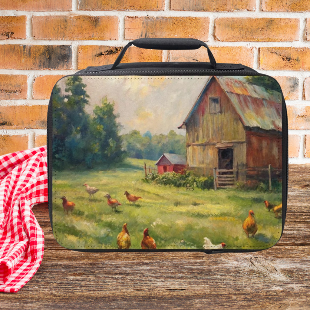  insulated lunch bag with farm scene design on a wooden picnic table and brick wall background.