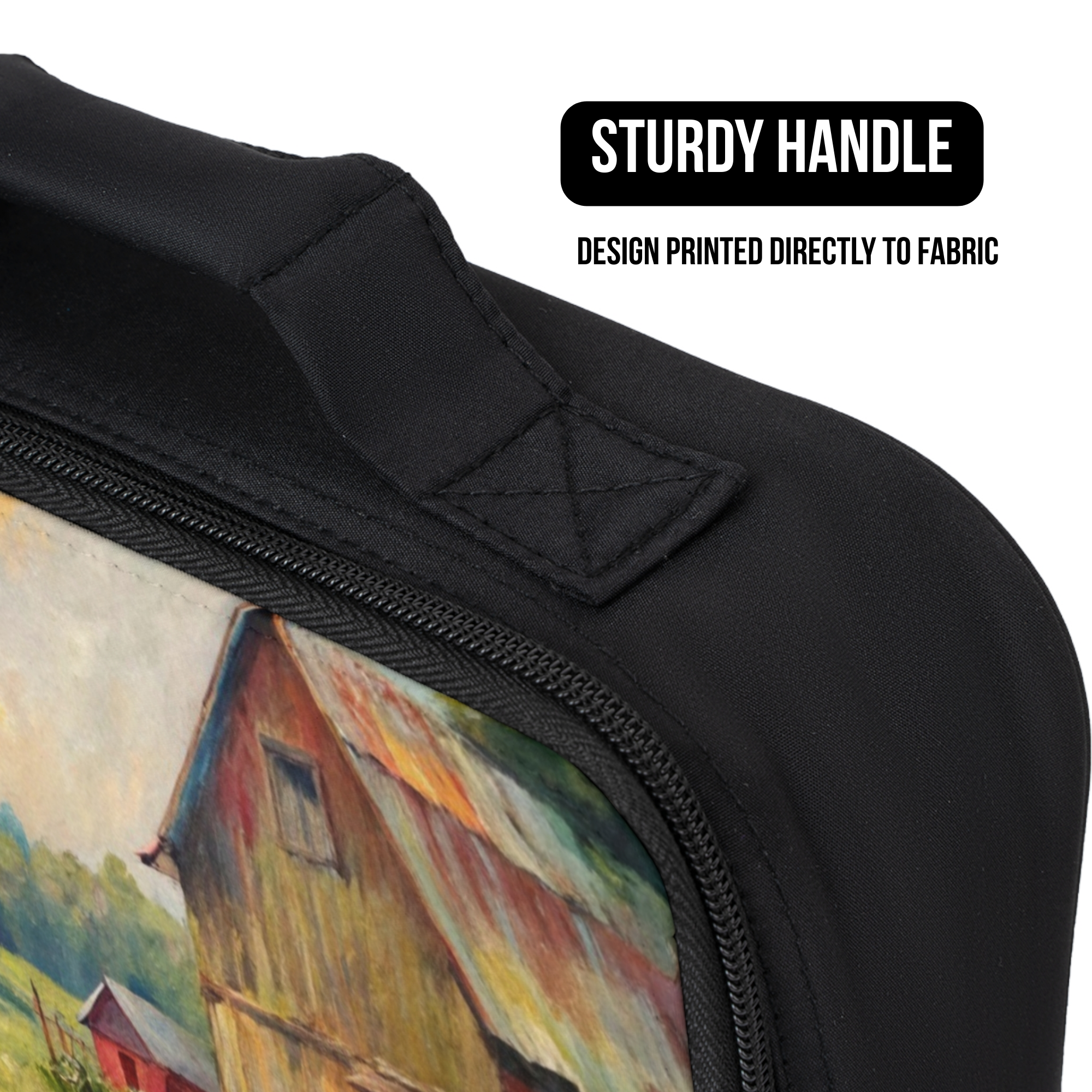 Black lunch bag with a printed design of a barn on fabric, featuring a sturdy handle.