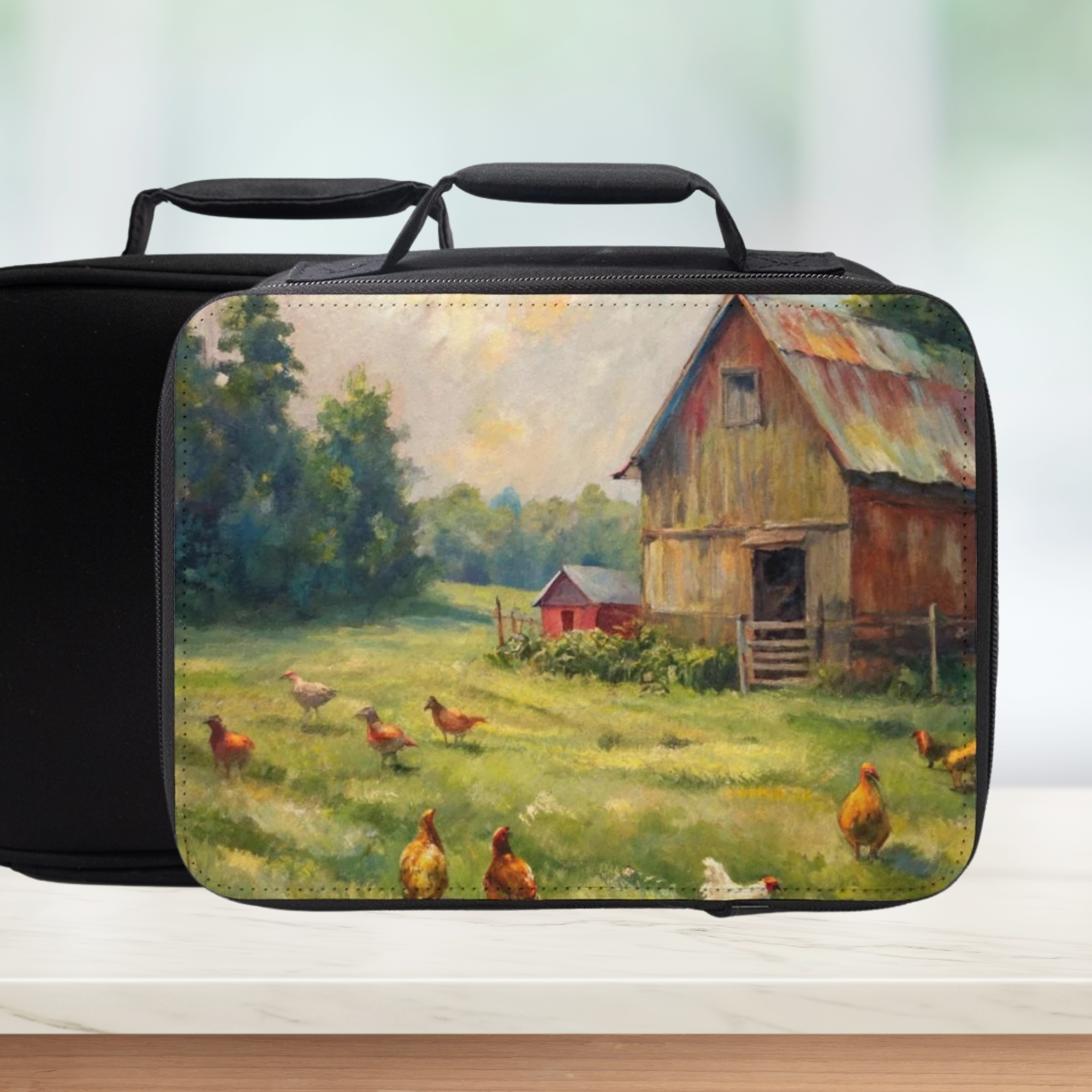 Black lunch box with a barn and chickens design on a white background