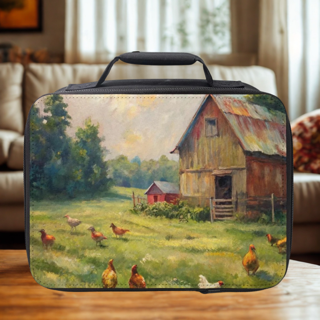  insulated lunch bag with a farm scene design featuring chickens and a barn