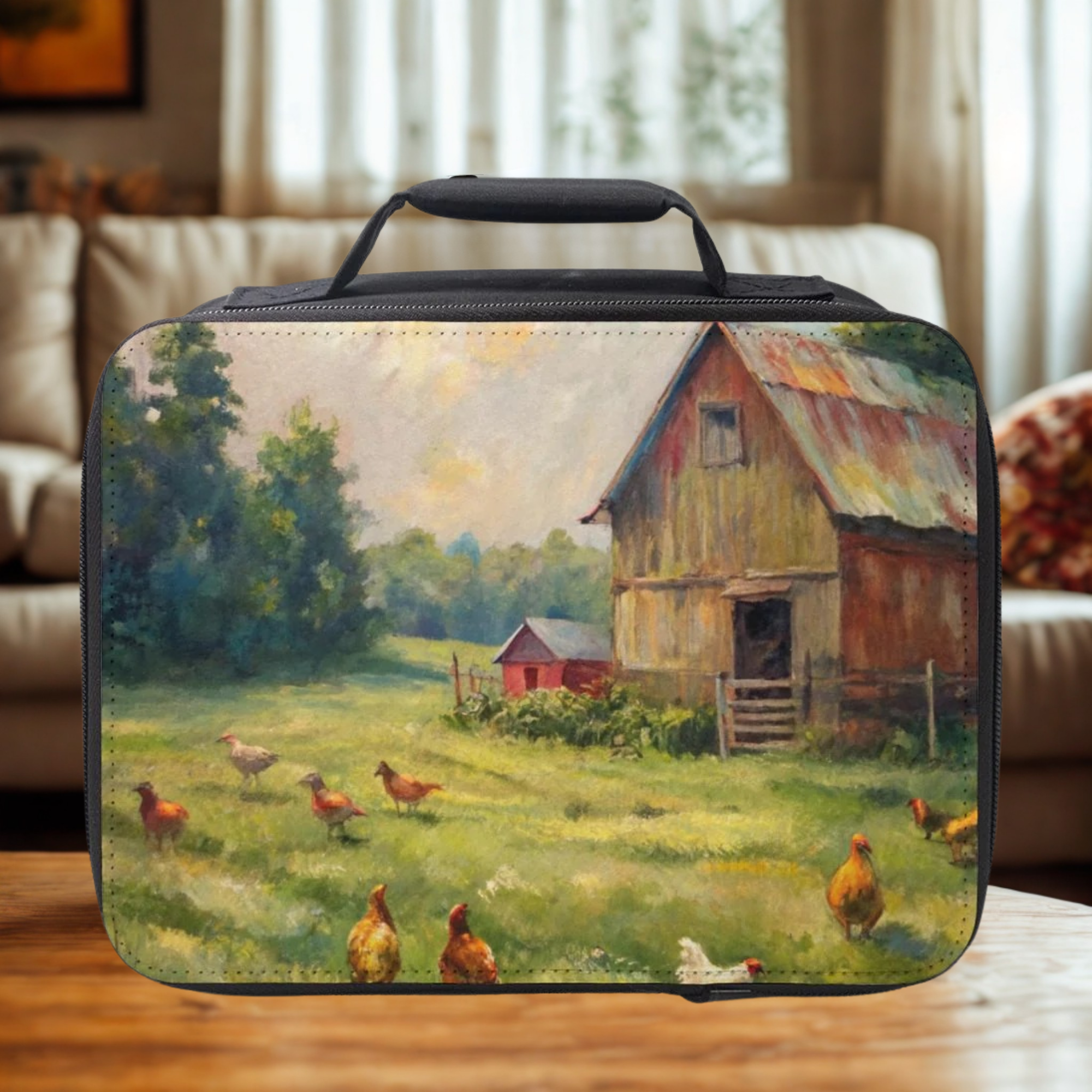  insulated lunch bag with a farm scene design featuring chickens and a barn