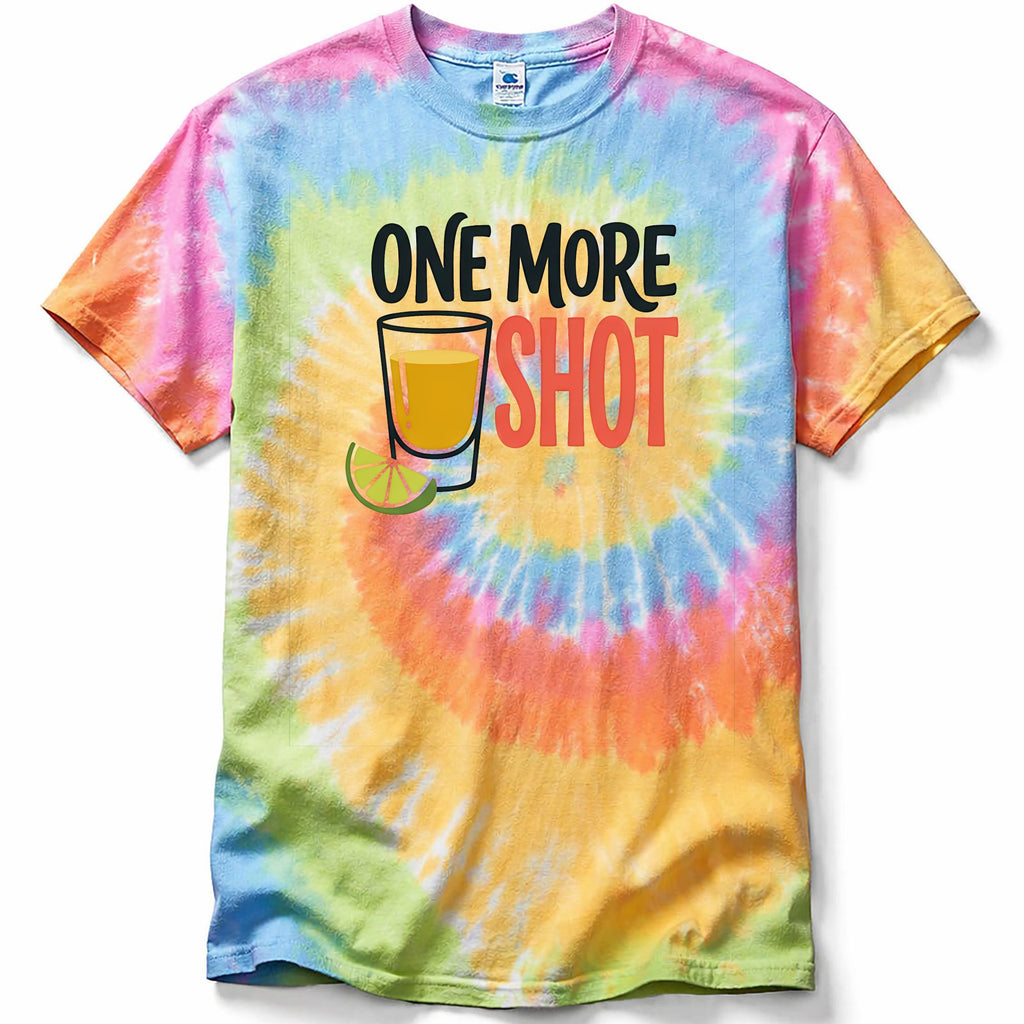 Tie-dye t-shirt in the color Eternity with 'One More Shot' graphic on a white background