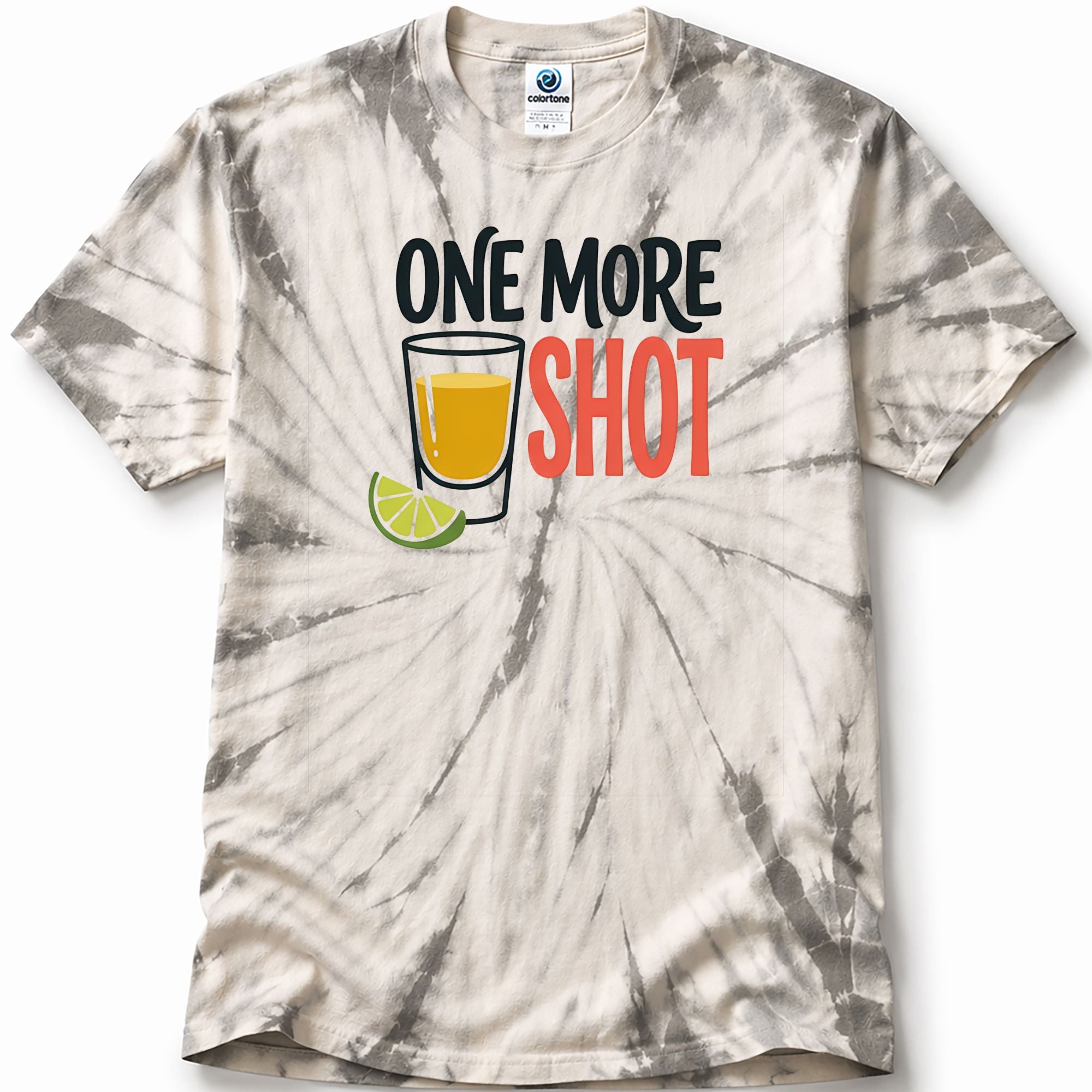 Tie-dye t-shirt in the color Spider Silver with 'One More Shot' graphic design on a white background