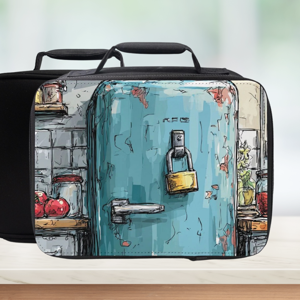 Black lunch bag with a colorful kitchen design featuring a lock on a white background