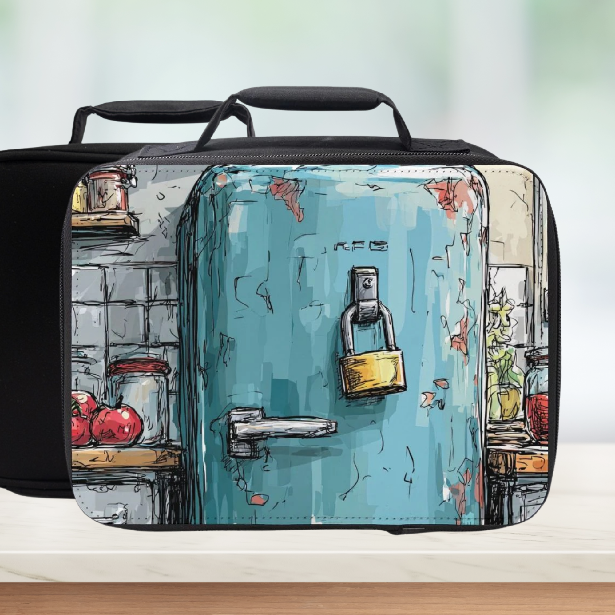 Black lunch bag with a colorful kitchen design featuring a lock on a white background