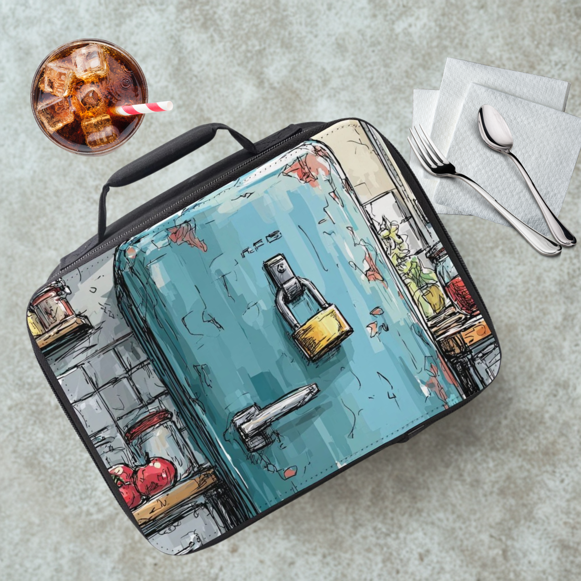  insulated lunch bag with refrigerator with a padlock design on a cafeteria table with a drink and utensils.