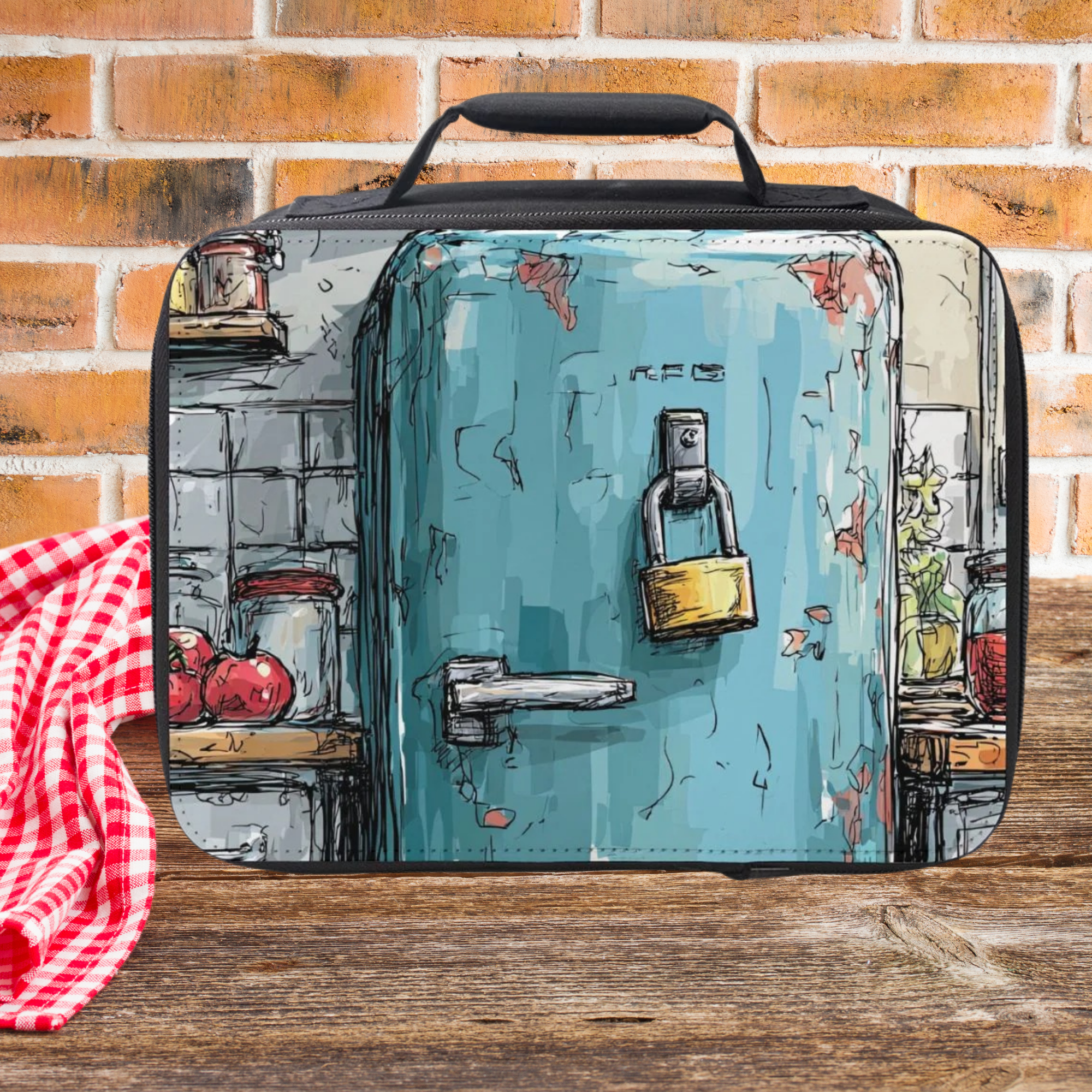  insulated lunch bag with fridge and padlock design on a wooden picnic table with brick wall background