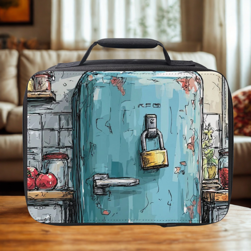 Lunch bag with artistic design of a fridge door and lock on a wooden coffee table in a cozy living room.