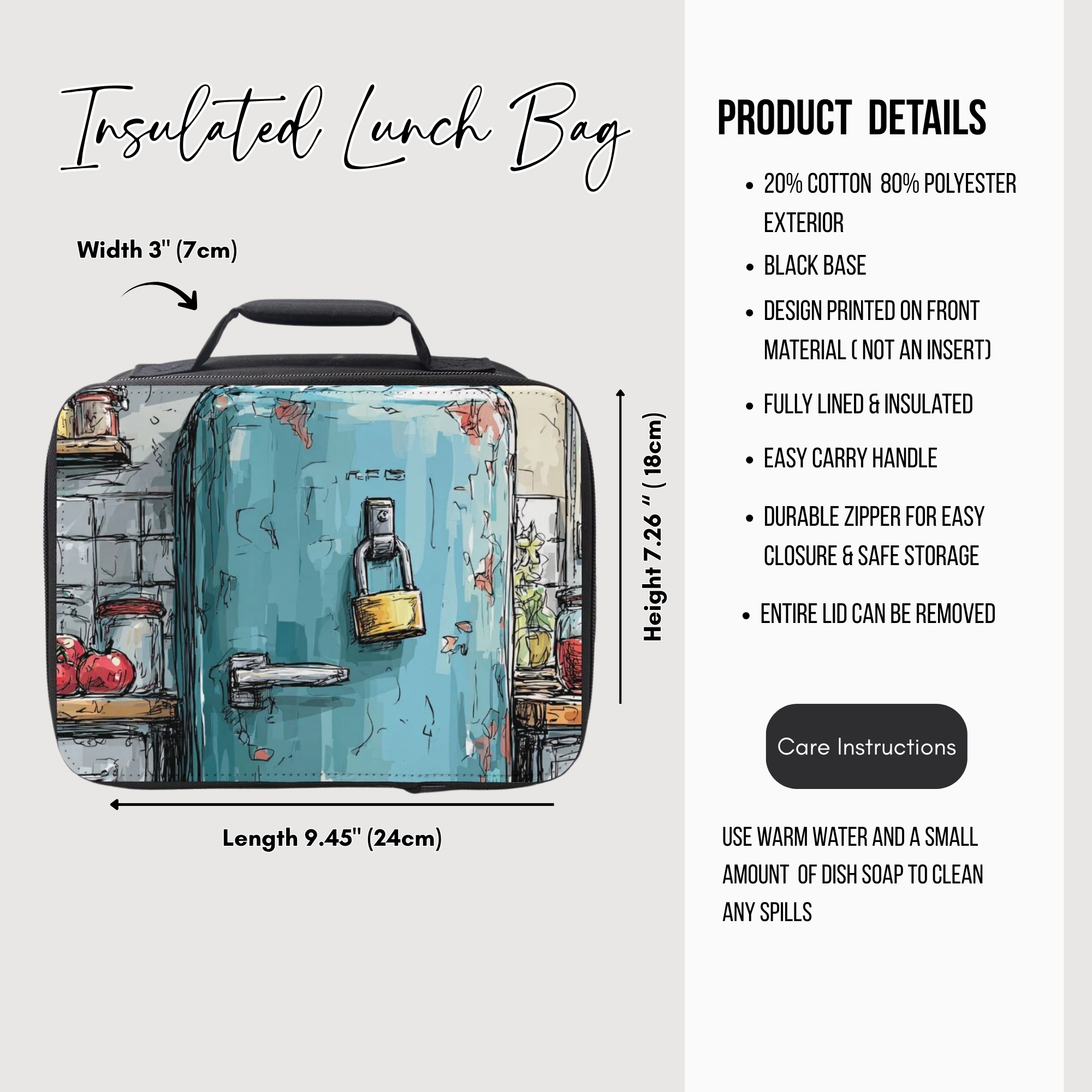Insulated lunch bag with artistic design and product details on a white background