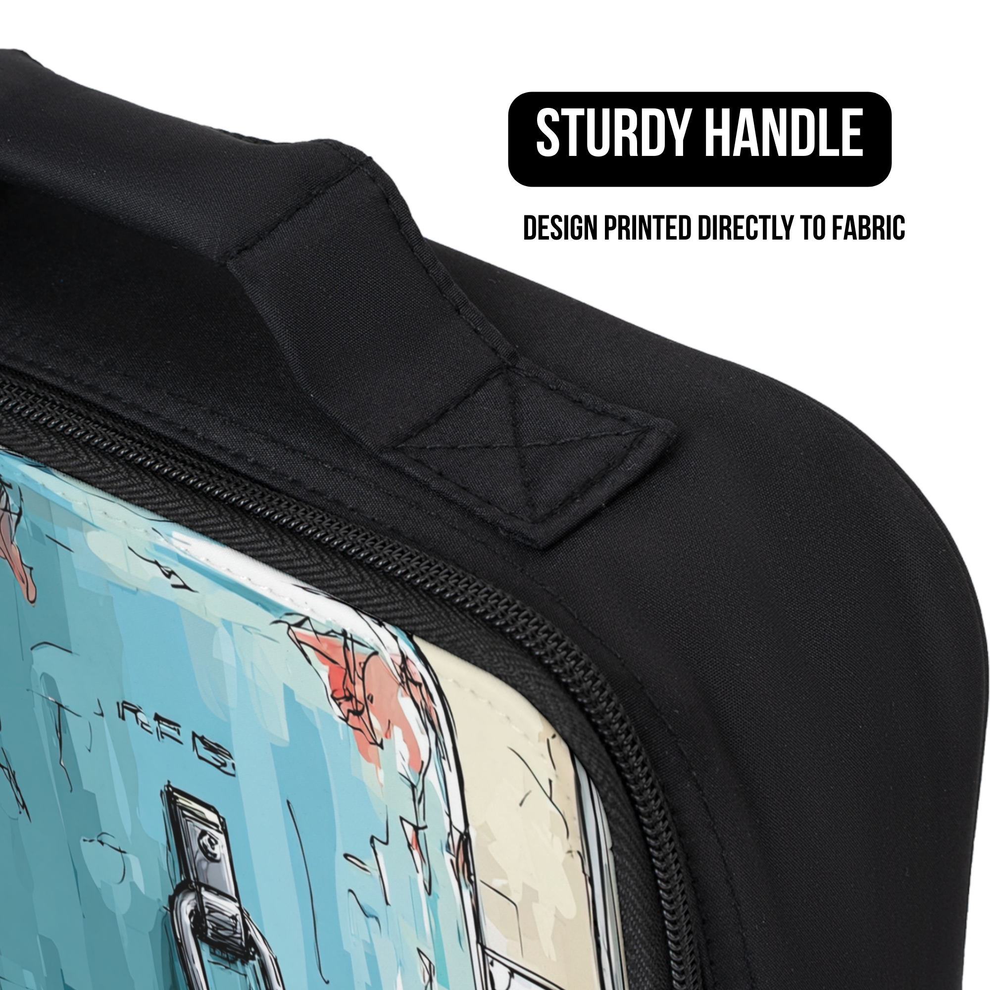 Black lunch bag with a colorful design on the front, featuring a sturdy handle and text indicating design printed directly to fabric.